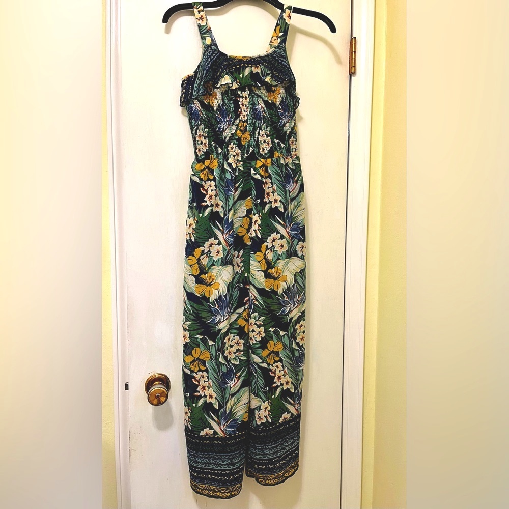 Truly Me Girls blue green Floral Pantsuit Romper Sleeveless Stretchy Size 12
